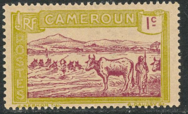 Africa | 1925 Cattle Crossing a River Cameroun Postage Stamp Mint Never Hinged Brown lilac and Olive Africa Africa