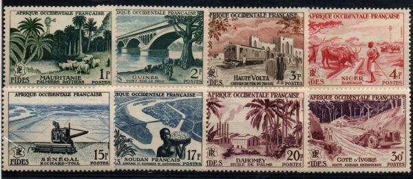 Africa | Agriculture and Infrastructure Set of Eight French West Africa Postage Stamps Issued 1956 Africa Africa