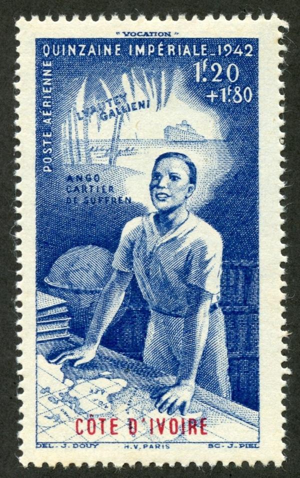 Africa | Colonial Educational Fund Ivory Coast Air Mail Postage Stamp Issued 1942 Blue and Red Africa Africa