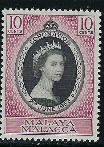 Asia | 1953 Coronation of Queen Elizabeth II Malaya Malacca Postage Stamp Mint Never Hinged Black and purple Asia Asia