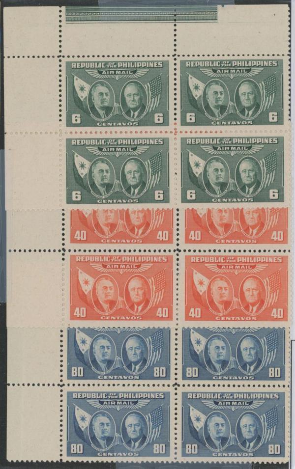 Asia | Roosevelt and Quezon Three Blocks of Four Philippines Air Mail Postage Stamps Asia Asia