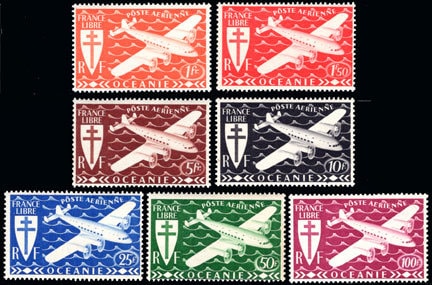 Australia and Oceania | 1942 Plane and Cross of Lorraine Set of Seven French Polynesia Airmail Postage Stamps Mint Never Hinged Australia & Oceania Australia & Oceania