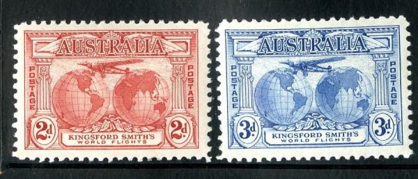 Australia and Oceania | Kingford Smith World Flights Set of Two Australia Postage Stamps Issued 1931 Red and Blue Australia & Oceania Australia & Oceania