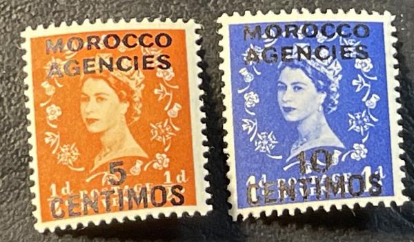 Britain and Ireland | 1954-55 Queen Elizabeth II Set of Two Morocco Agencies Surcharged Postage Stamps Mint Never Hinged Britain & Ireland Britain & Ireland