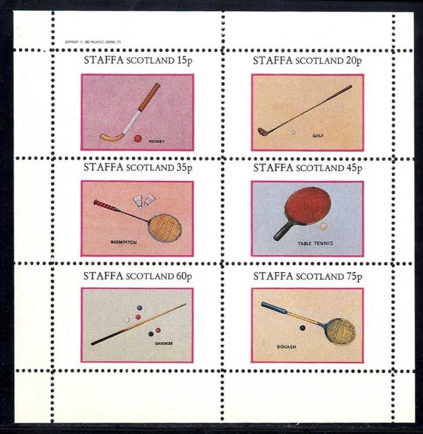 Britain and Ireland | 1982 Staffa Bats Cues and Clubs Miniature Sheet of Six (Cinderella)Postage Stamps Mint Never Hinged Britain & Ireland Britain & Ireland