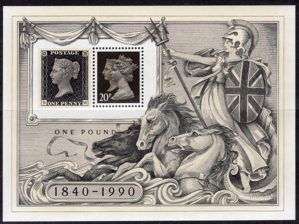 Britain and Ireland | 1990 Queen Elizabeth and Queen Victoria Great Britain One Pound Postage Stamp Souvenir Sheet Mint Never Hinged Brownish black and Cream Britain & Ireland Britain & Ireland