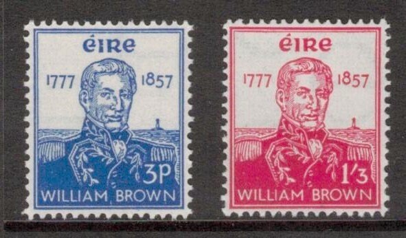 Britain and Ireland | Admiral William Brown Set of Two Ireland Postage Stamps Issued 1957 Blue and Carmine Britain & Ireland Blue & Carmine