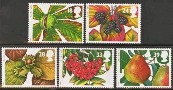 Britain and Ireland | Autumn Fruits Set of Five Great Britain Postage Stamps Issued 1993 Britain & Ireland Britain & Ireland