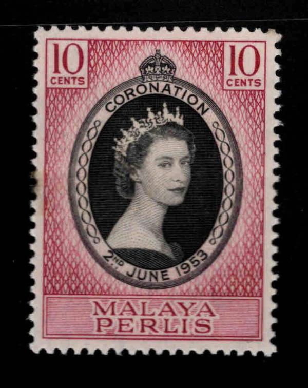 Britain and Ireland | Coronation of Queen Elizabeth II Malaya Perlis Postage Stamp Issued 1953 Black and purple Britain & Ireland Black & purple