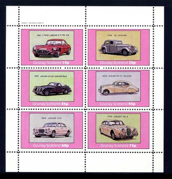 Britain and Ireland | Grunay Scotland Local Post Classic Jaguar Automobiles Miniature Sheet of 6 (Cinderella) Postage Stamps Britain & Ireland Britain & Ireland