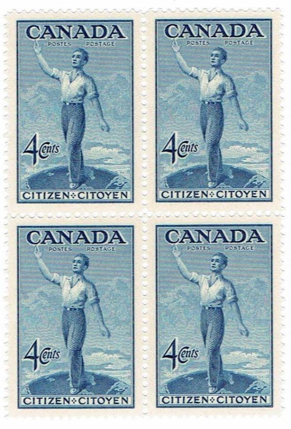 Canada | 1947 Citizen of Canada Block of Four Postage Stamps Mint Never Hinged Blue Canada Blue