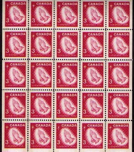 Canada | 1966 Christmas Praying Hands Miniature Pane of 25 Canada Postage Stamps Mint Never Hinged Carmine Canada Canada