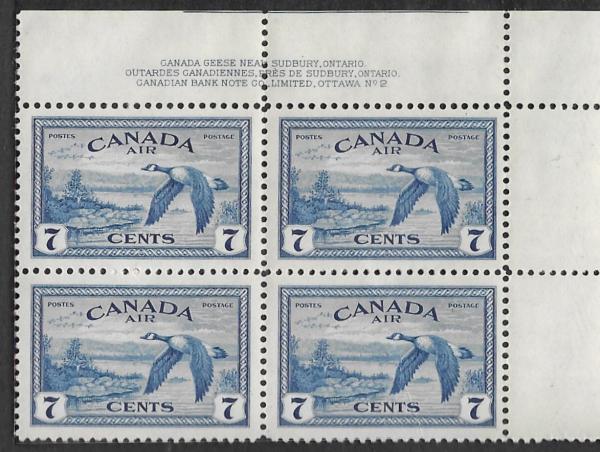 Canada | Canada Goose Plate Block of Four Canadian Air Mail Postage Stamps Issued 1946 Deep blue Canada Canada