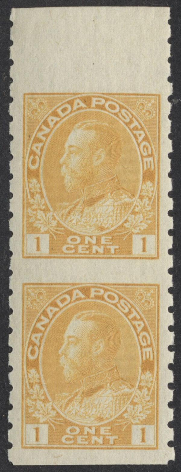 Canada | King George V Admiral Pair of Canada One Cent Postage Stamps Imperforate Between Issued 1923 Orange yellow Canada Canada