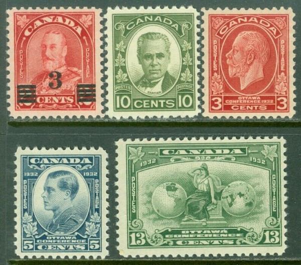 Canada | King George V and Cartier Set of Five Canada Postage Stamps Issued 1931-32 Canada Canada