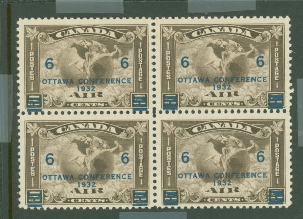 Canada | Mercury and Western Hemisphere Block of Four Canada Airmail Postage Stamps With Overprint Issued 1932 Deep brown Canada Canada