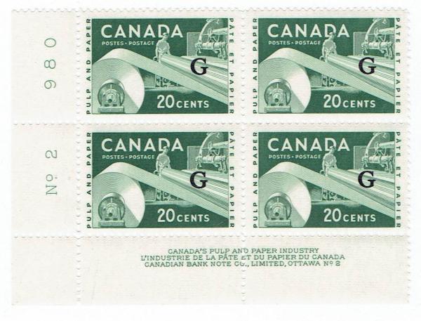 Canada | Paper Industry Plate Block of Four Canada Official Stamps Issued 1956 Green Canada Canada