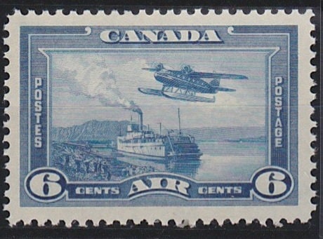 Canada | Steamer and Monoplane Canada Airmail Postage Stamp Issued 1938 Blue Canada Blue