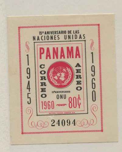 Central & South America | 1961 United Nations 15th Anniversary Panama Airmail Souvenir Sheet Mint Never Hinged Black and Red Central & South America Black & Red