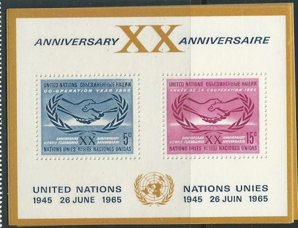 Central & South America | 1965 Cooperation Year United Nations Souvenir Sheet of Two Postage Stamps Mint Never Hinged Dark blue and Lilac rose Central & South America Central & South America