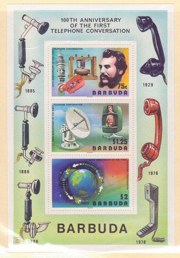 Central & South America | 1977 Centennial of First Telephone Conversation Barbuda Souvenir Sheet of Three Postage Stamps Mint Never Hinged Central & South America Central & South America