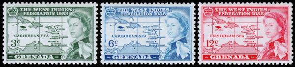 Central & South America | British Caribbean Federation Set of Three Grenada Postage Stamps Issued 1958 Central & South America Central & South America