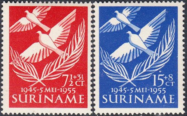 Central & South America | Doves of Peace Set of Two Suriname Postage Stamps Issued 1955 Central & South America Central & South America