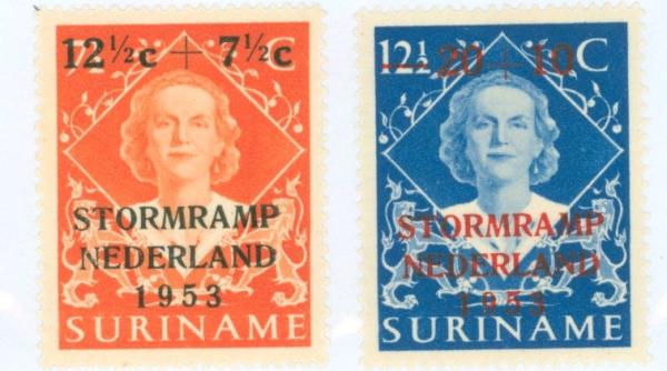 Central & South America | Flood Relief in the Netherlands Set of Two Suriname Postage Stamps Issued 1953 Central & South America Central & South America