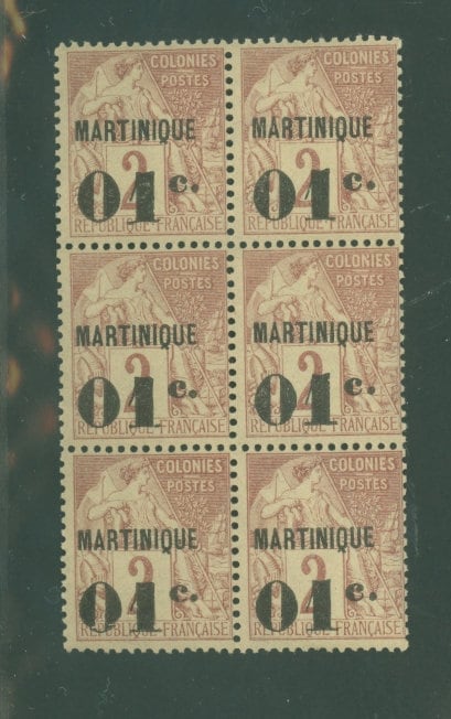 Central & South America | Martinique Block of Six Overprinted Postage Stamps Goddess Issued 1888 Red Brown Central & South America Central & South America