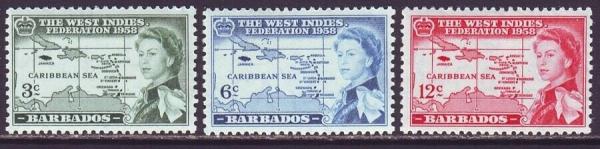 Central & South America | Queen Elizabeth II Set of Three Barbados Postage Stamps Issued 1958 Central & South America Central & South America