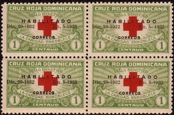 Central & South America | Red Cross Block of Four Dominican Republic Postage Stamps Issued 1932 Red Cross | Yellow green Central & South America Central & South America