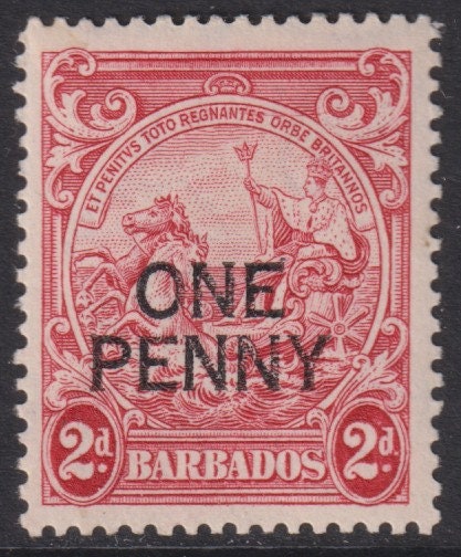 Central & South America | Seal of Barbados Postage Stamp Surcharged One Penny Issued 1947 Pinkish red Central & South America Central & South America