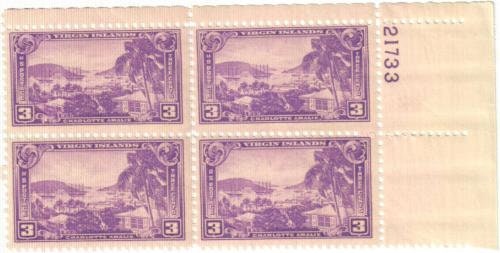 Central & South America | Virgin Islands Plate Block of Four 3-Cent United States Postage Stamps Violet Central & South America Central & South America