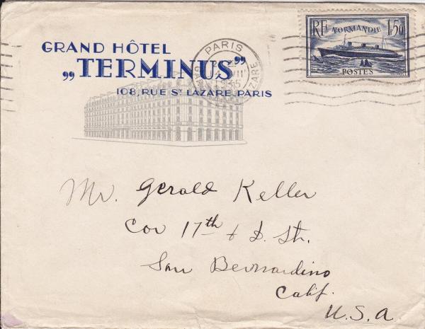 Europe | 1935 Paris France Hotel Terminus to San Bernardino California Cover With Note Inside Europe Europe