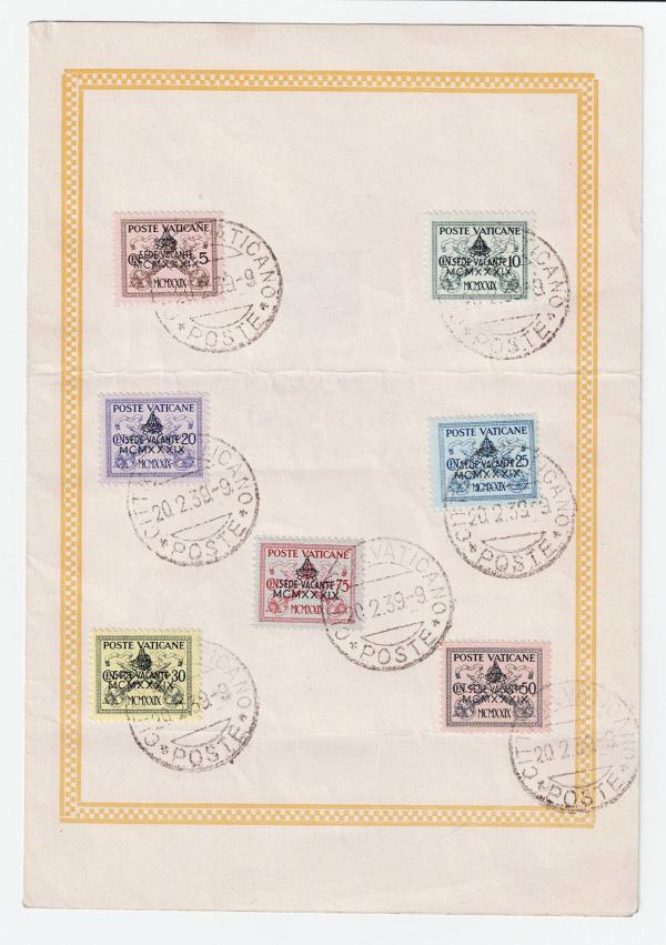 Europe | 1939 Set of Seven Vatican City Postage Stamps Papal Coat of Arms Overprinted  Interregnum Issue First Day Cancellations on Folder Europe Europe