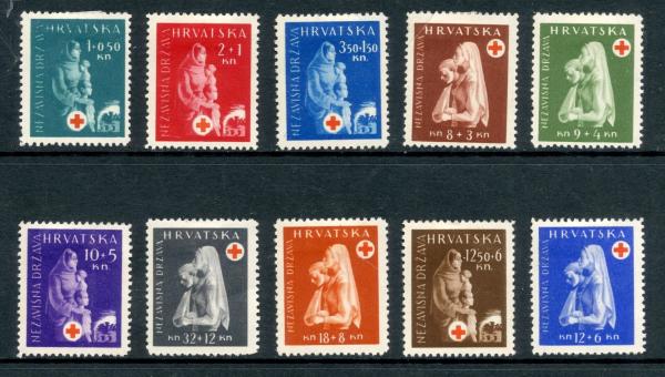 Europe | 1942 Croatian Red Cross Nurse Set of Ten Croatia Postage Stamps Europe Europe