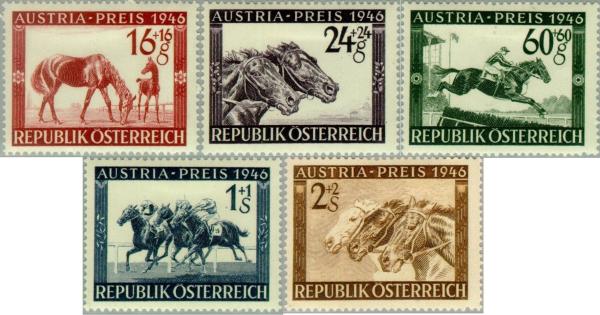 Europe | 1946 Horse Racing Set of Five Austria Postage Stamps Europe Europe