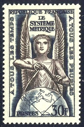 Europe | 1954 Metric System 150th Anniversary France Postage Stamp Mint Never Hinged Black blue and Violet brown Europe Black blue & Violet brown