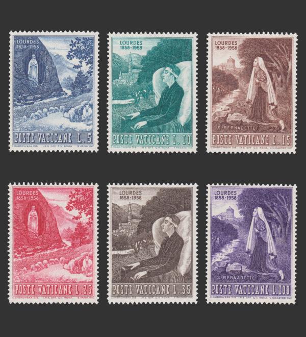 Europe | 1958 Apparition of the Virgin Mary at Lourdes Set of Six Collectible Vatican City Postage Stamps Mint Never Hinged Europe Europe