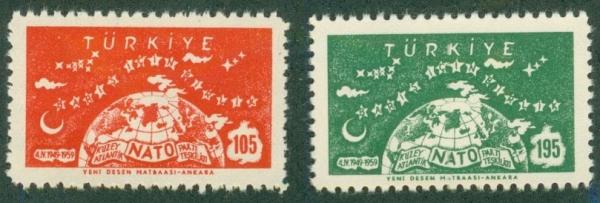 Europe | 1959 NATO Anniversary Set of 2 Turkiye (Turkey) Postage Stamps Mint Never Hinged Orange Red and Green Europe Europe