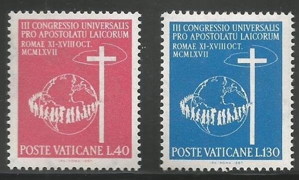 Europe | 1967 World Laity Congress Set of 2 Vatican Postage Stamps Mint Never Hinged Carmine and Light blue Europe Carmine & Light blue