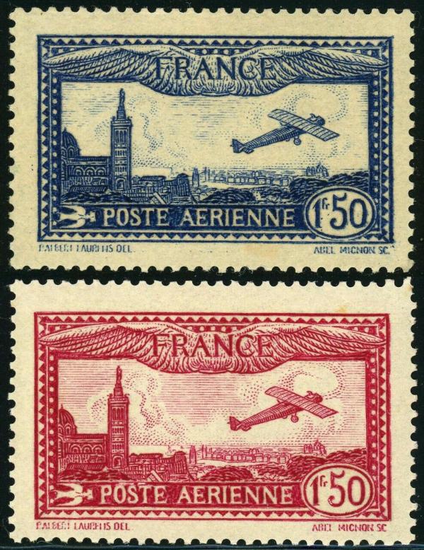 Europe | Airplane Over Marseille Cathedral Set of Two France Air Mail Postage Stamps Issued 1930 Lilac red and Blue Europe Europe