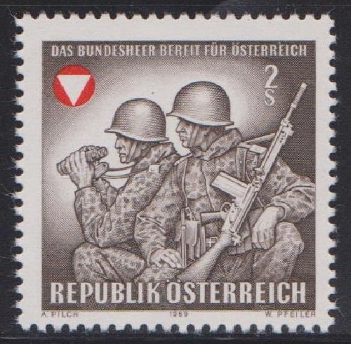 Europe | Austrian Armed Forces Austria Postage Stamp Issued 1969 Black brown and Bright red Europe Black brown & Bright red