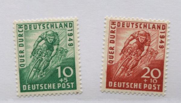 Europe | Bicycle Racer Set of Two Postage Stamps From American-British Occupation Zone Germany Issued 1949 Europe Europe