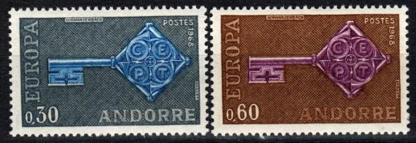 Europe | Europa Cruciform Keys Set of Two French Andorra Postage Stamps Issued 1968 Europe Europe