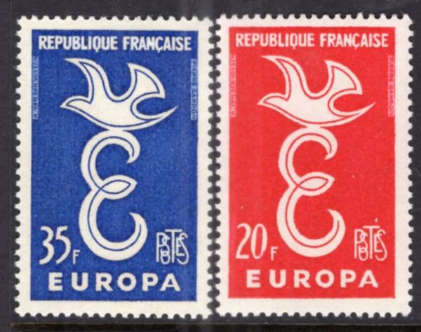 Europe | Europa Dove Set of Two France Postage Stamps Issued 1958 Red and Blue Europe Europe