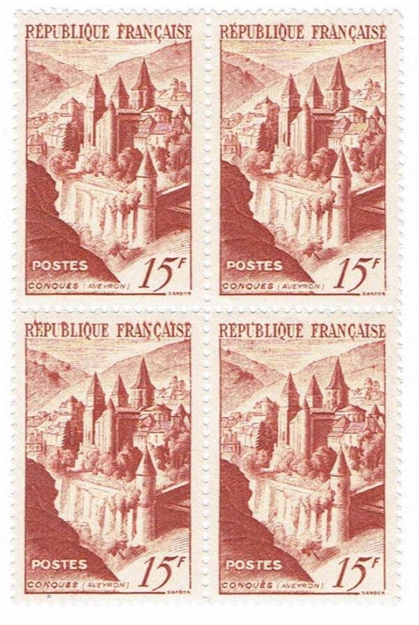 Europe | French Abbey Block of Four France Postage Stamps Issued 1947 Orange brown Europe Europe