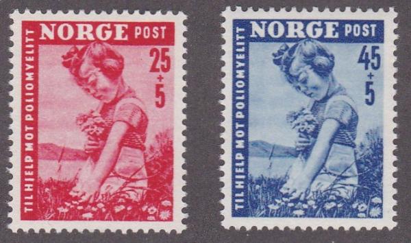 Europe | Girl Picking Flowers Set of Two Norway Postage Stamps Issued 1950 Europe Europe