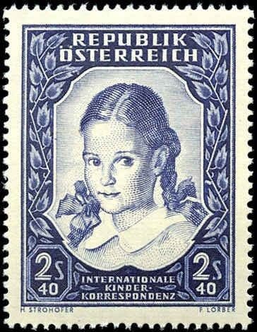 Europe | International Children Correspondence Austria Postage Stamp Issued 1952 Violet blue Europe Europe