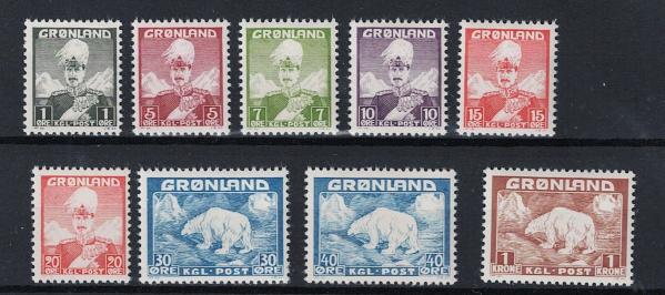 Europe | King Christian X and Polar Bear Set of Nine Greenland Postage Stamps Issued 1938-46 Europe Europe